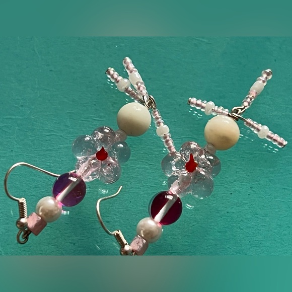 GIRLY HIPPIE - Pink White Silver - handmade natural amazonite hook earrings - Picture 11 of 11